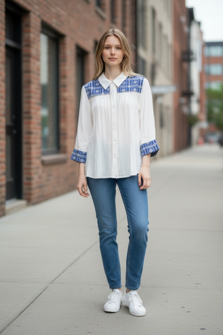 Garde-robe - Blouse - Wit-blauw