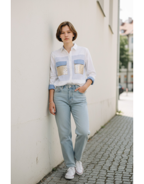 Garde-robe - Blouse - Wit-blauw