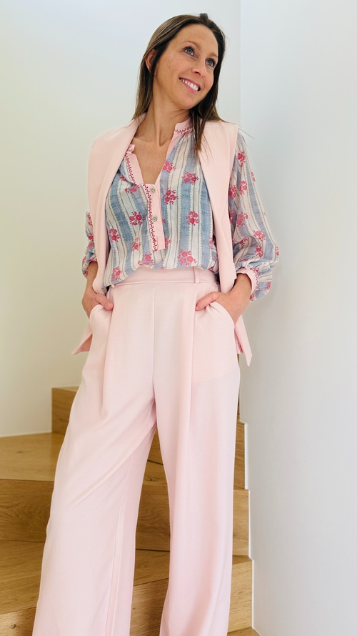 Soft Pink Set with Blue-Pink Floral Blouse