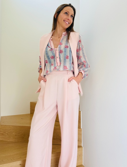 Soft Pink Set with Blue-Pink Floral Blouse