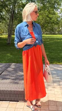 Oranje Maxi-jurk met Denim Overhemd