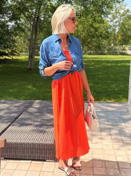 Oranje Maxi-jurk met Denim Overhemd