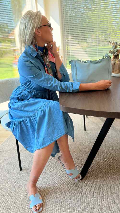 Midi Denim Jurk met Gelaagde Rok en Ruffledetails