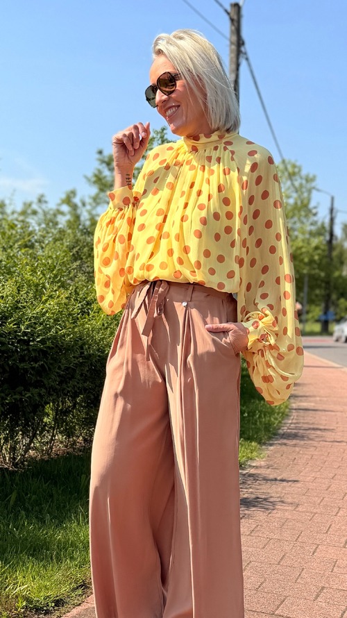 Garde Robe' Signature: Polka Dot Blouse & Camel Pants