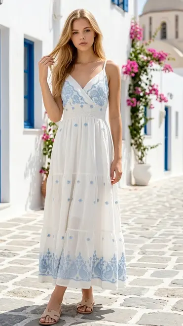 Garde-robe - Lang kleed - Wit-blauw