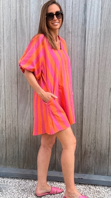 Gestreepte Mini-Kaftan in Fuchsia en Oranje
