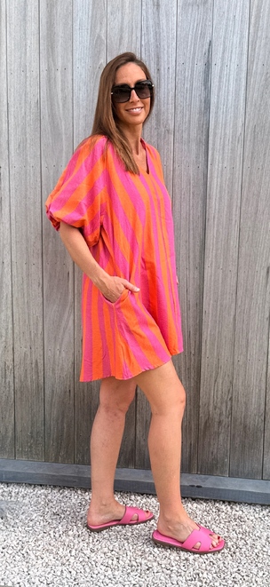 Gestreepte Mini-Kaftan in Fuchsia en Oranje