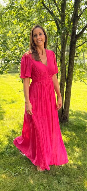 Elegante Fuchsia Maxi-Jurk met V-Hals