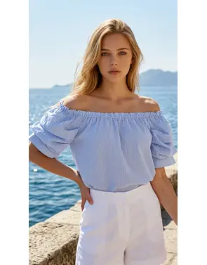 Garde-robe - Blouse - Wit-blauw